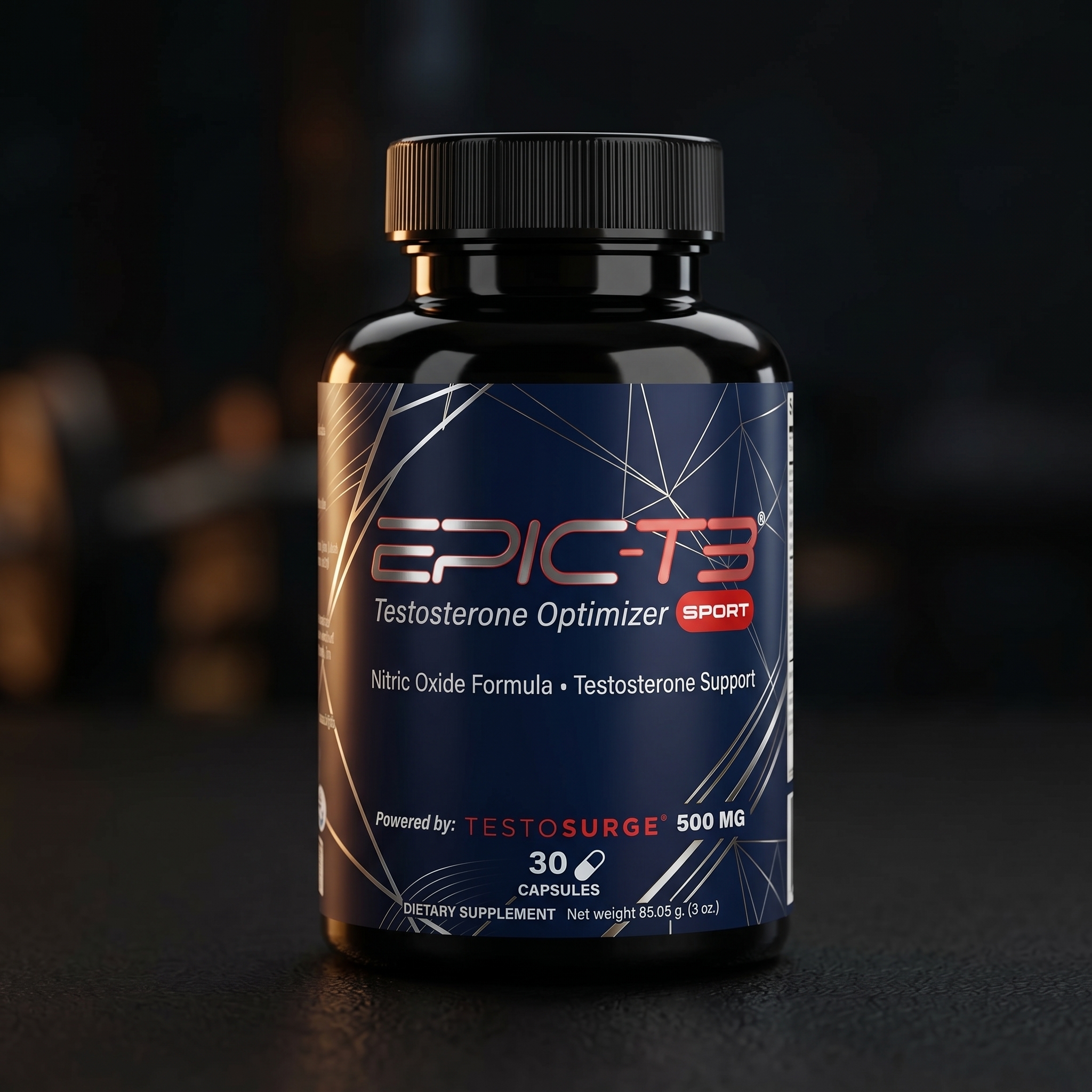 Epic-T3 Testosterone Optimizer bottle with capsules on a dark background